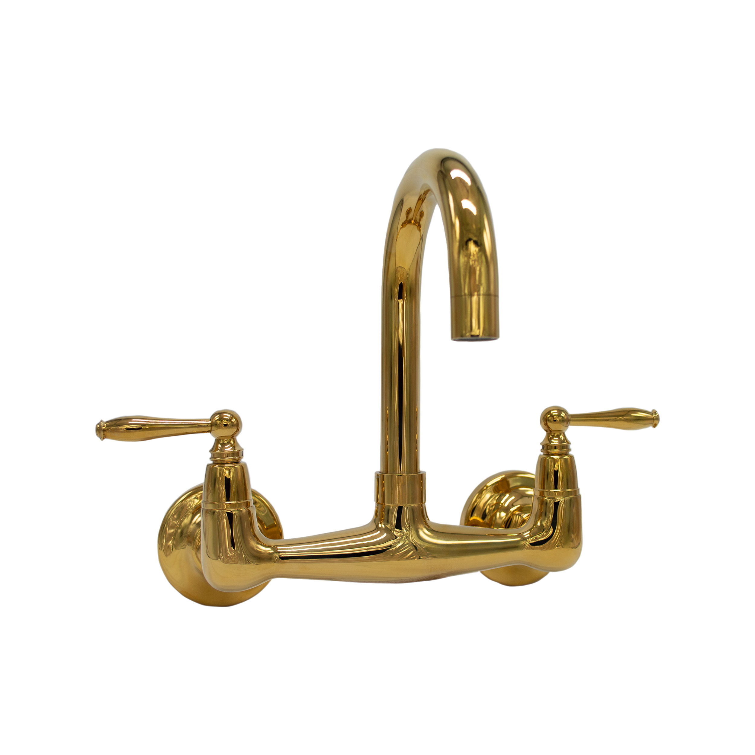 Short Reach Wall Mount Faucet with 6 Swivel Spout / Metal or Porcelain  Levers / Polished Brass Finish - NBI Drainboard Sinks